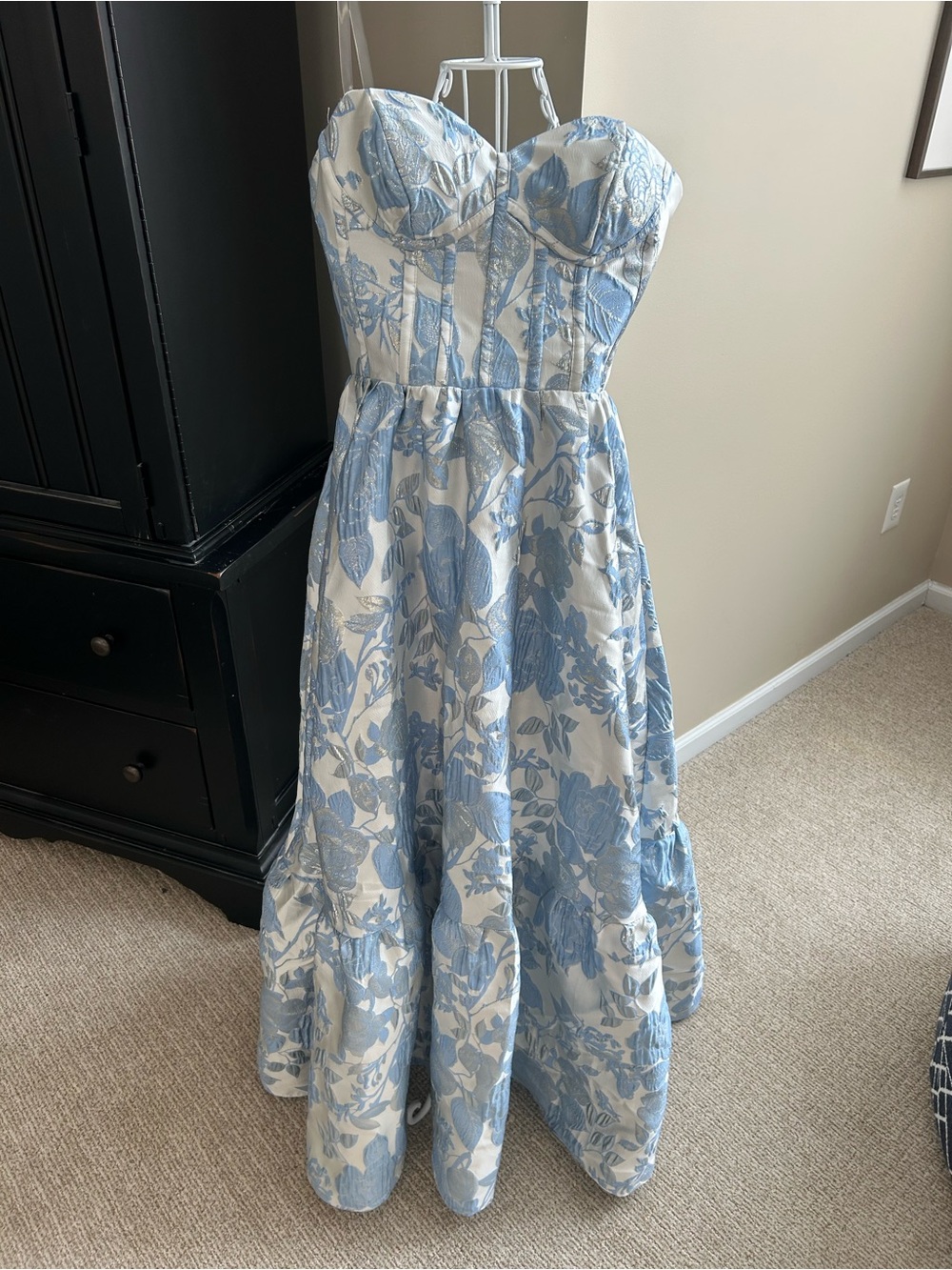 Women’s Blue Floral Strapless Gown Blue, white and silver size small - Picture 2 of 9